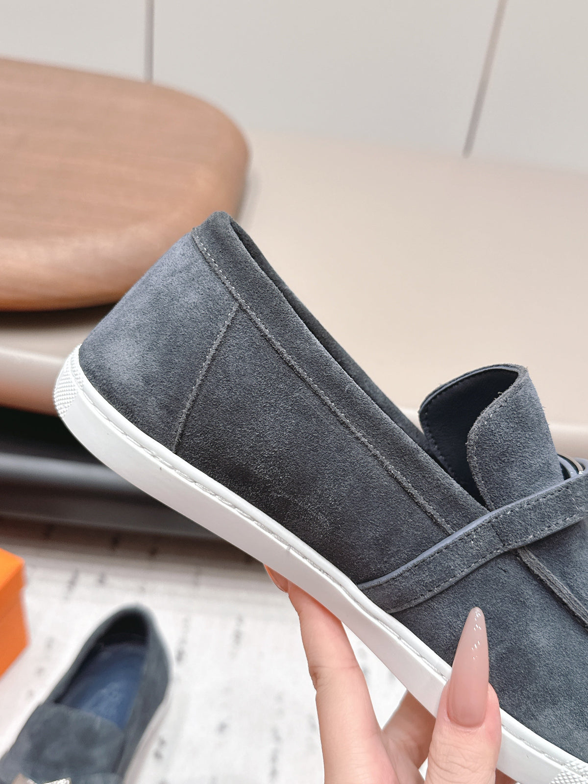 HM 26S Kelly Paris Loafers Blue Grey Suede Silver Hardware