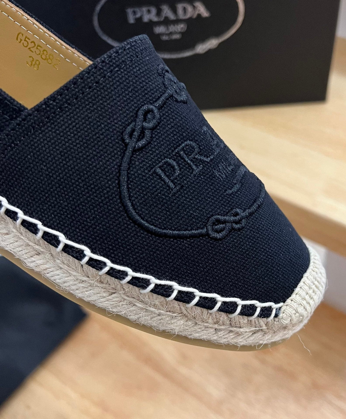 Prada 26s Embroidered Logo Espadrille Flats Black Canvas