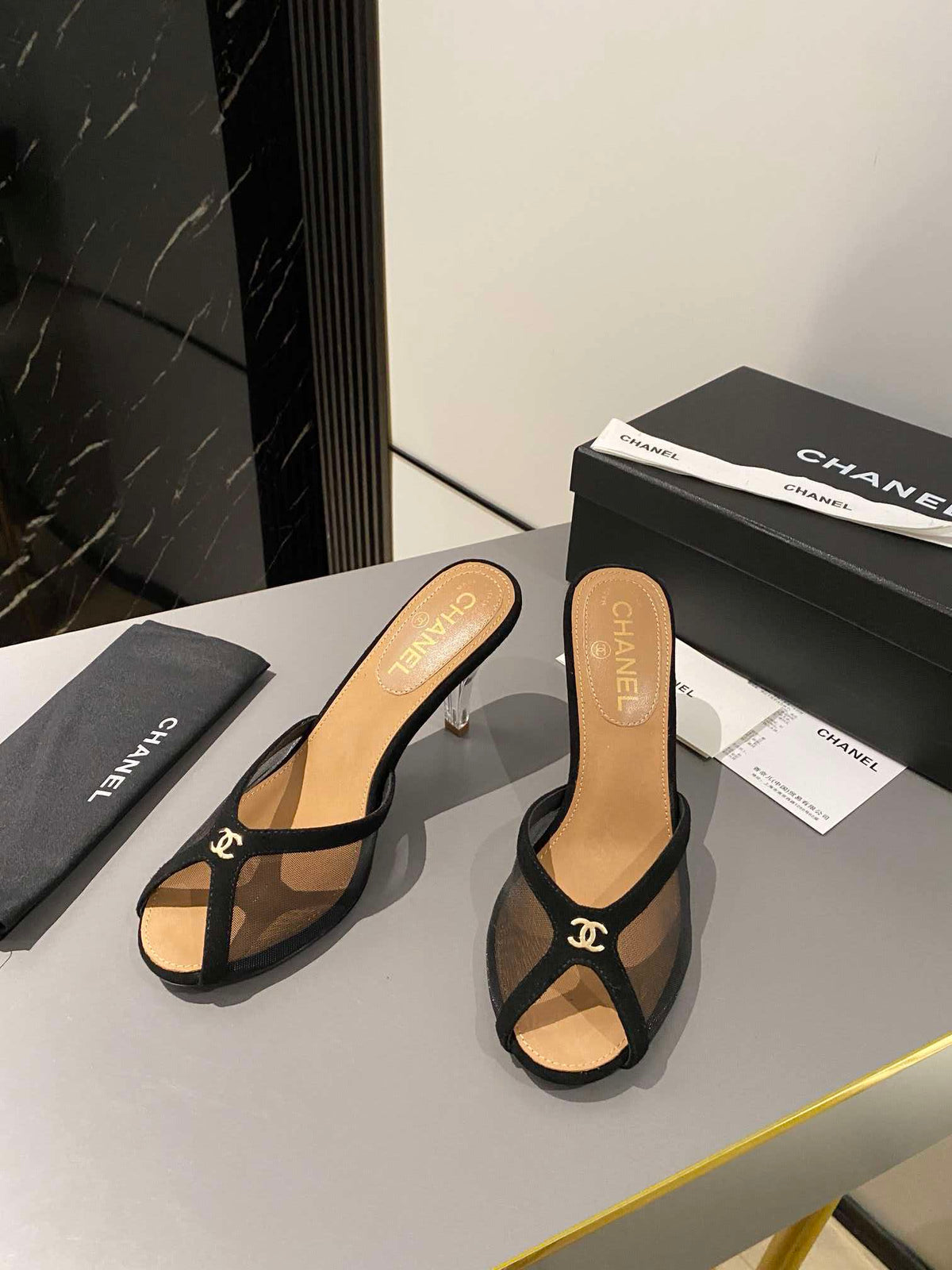 CC Peep-Toe Mules Logo Black Mesh Lambskin