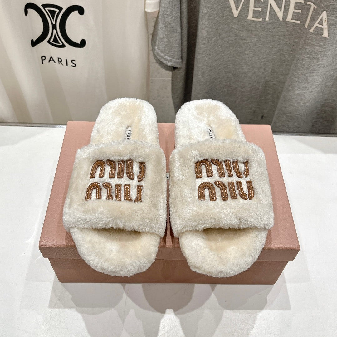 Miumiu 26s Flat Slides Cream Beige Shearling