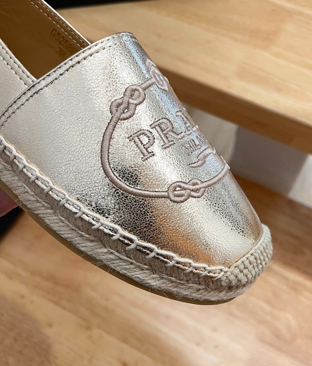 Prada 26s Embroidered Logo Espadrille Flats Gold Calfskin
