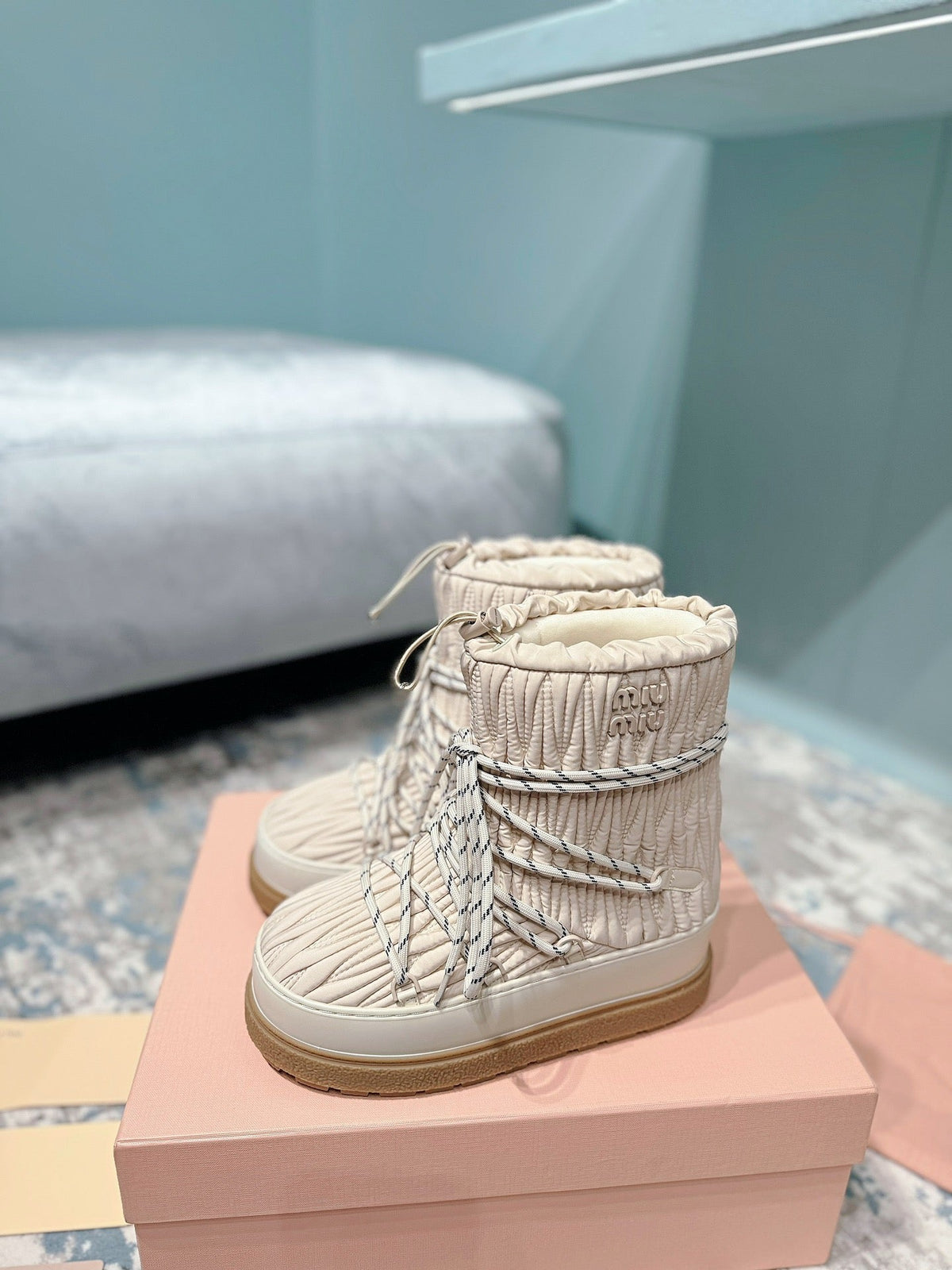 Miumiu 26s Ankle Snow Boots Beige Fabric