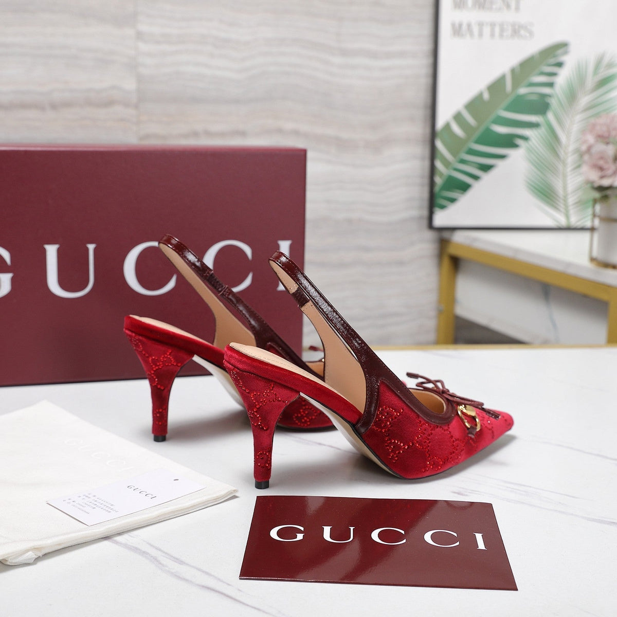 Gucci 26s Slingback Pumps 10cm Dark Red Velvet Gold Hardware With Bow
