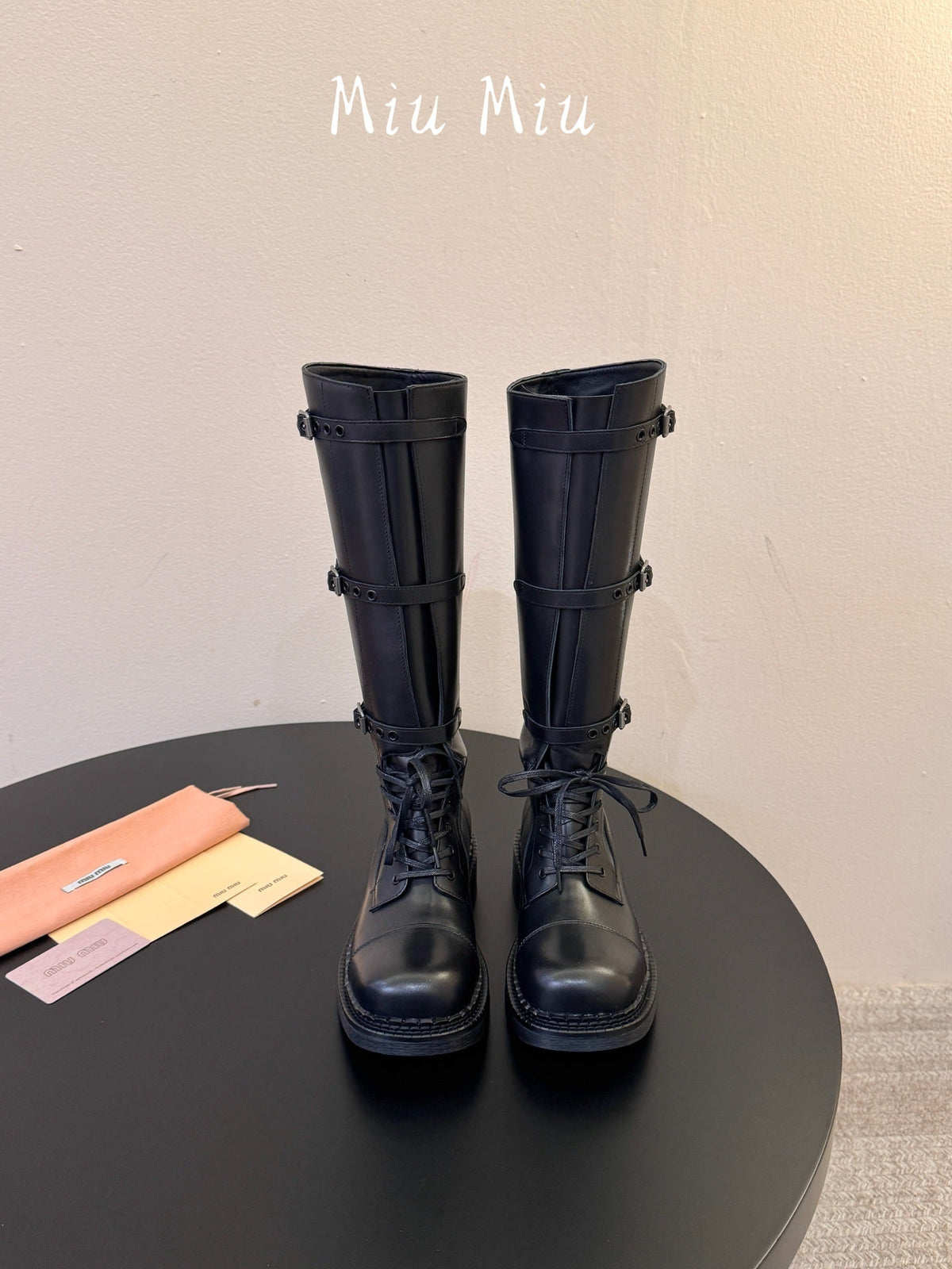 Miumiu 26s Lace-up Knee-high Boots Black Calfskin