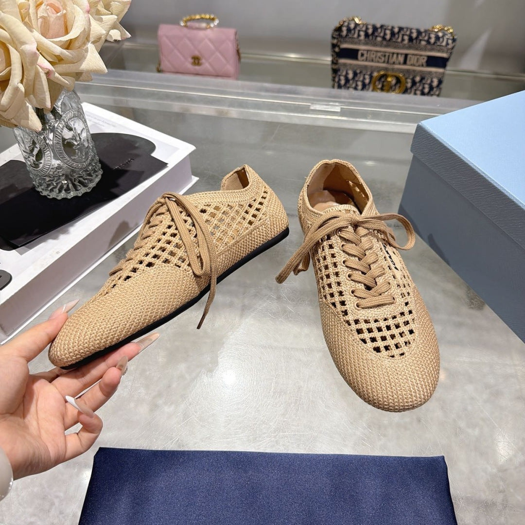 Prada 26s Lace Up Openwork Knit Sneakers Beige Knit Fabric