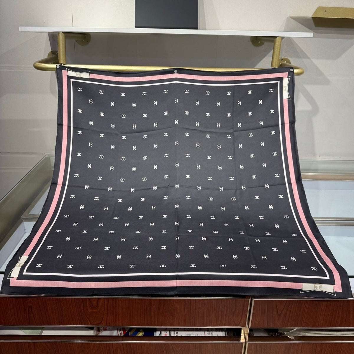 Chanel 2026 Square Scarf 90cm Black Pink Silk Twill 208885