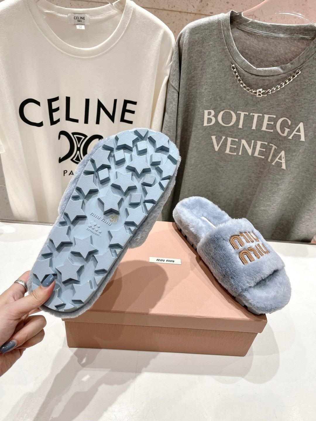 Miumiu 26s Flat Slides Pastel Blue Shearling
