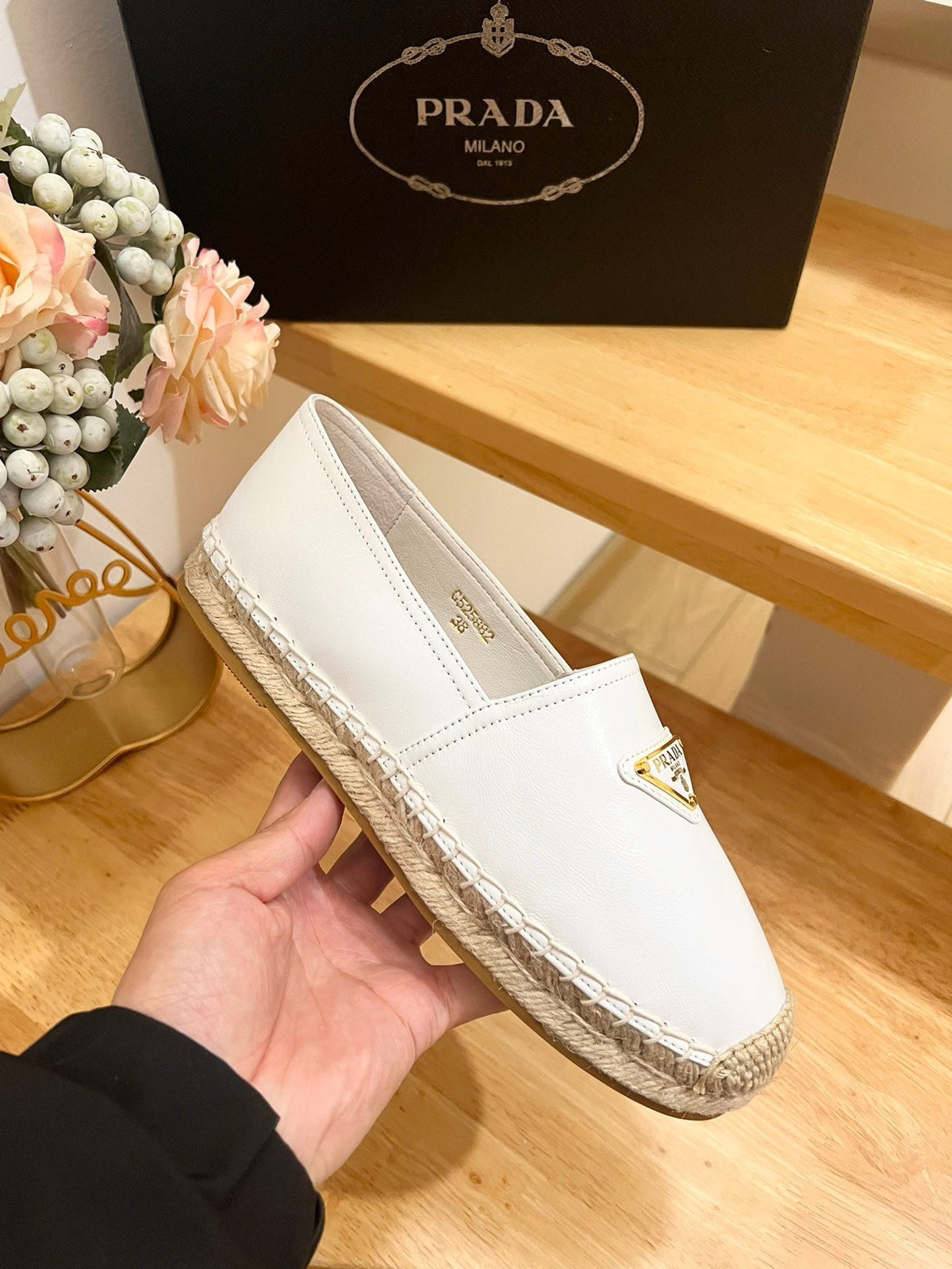 Prada 26s Logo Espadrille Slip On Flats White Calfskin