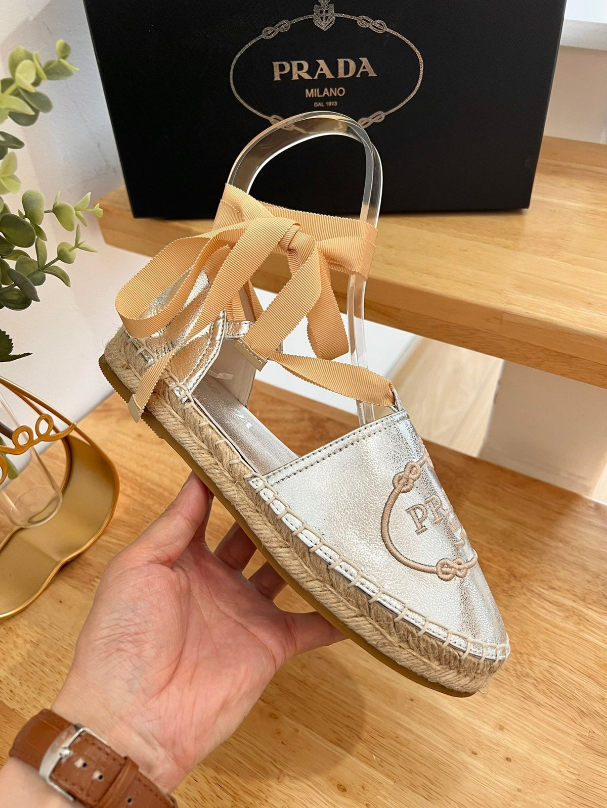 Prada 26s Lace Up Espadrille Flats Silver Calfskin