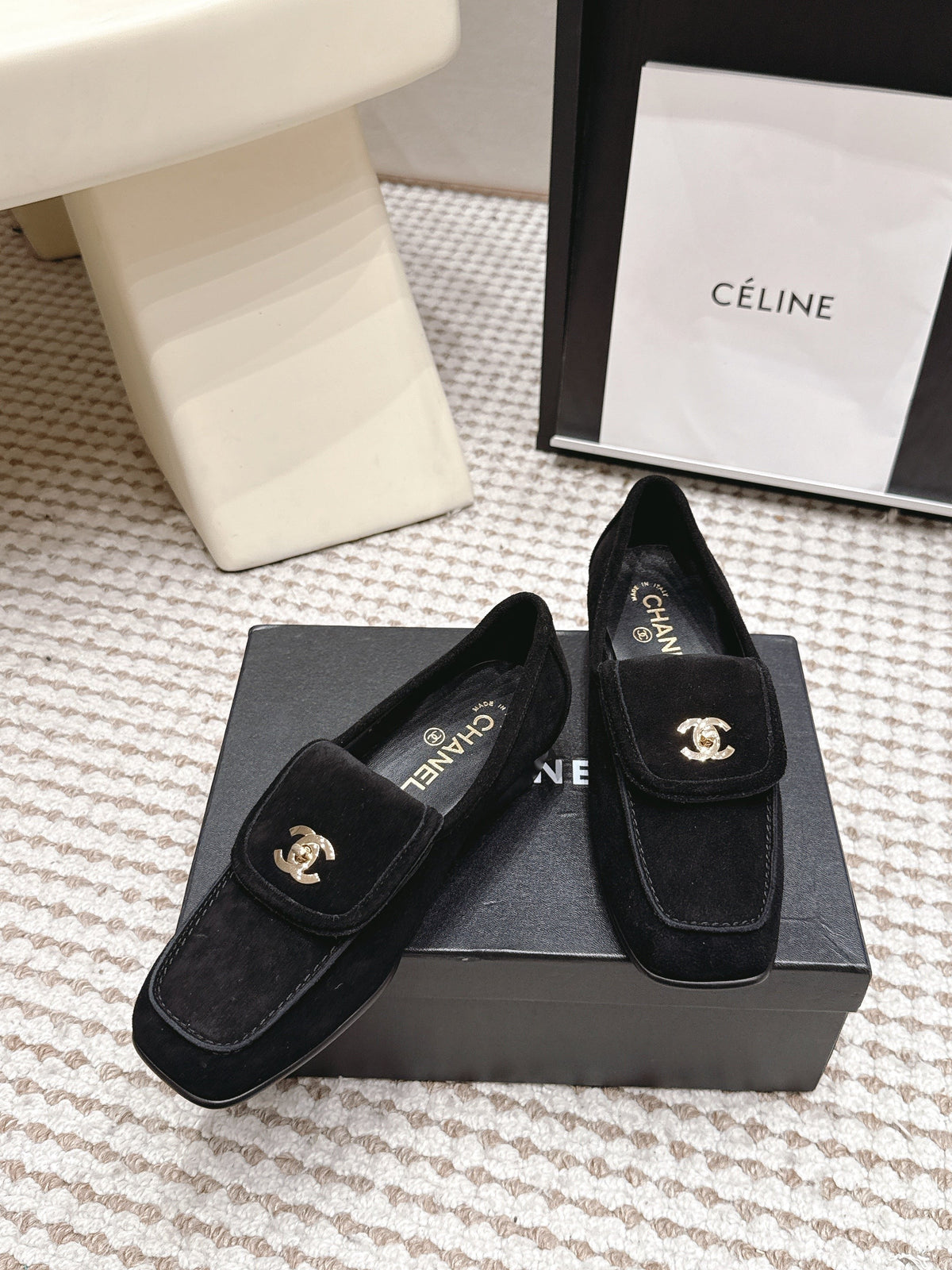CC 26S Loafers in Black Suede with Gold-Tone CC Logo