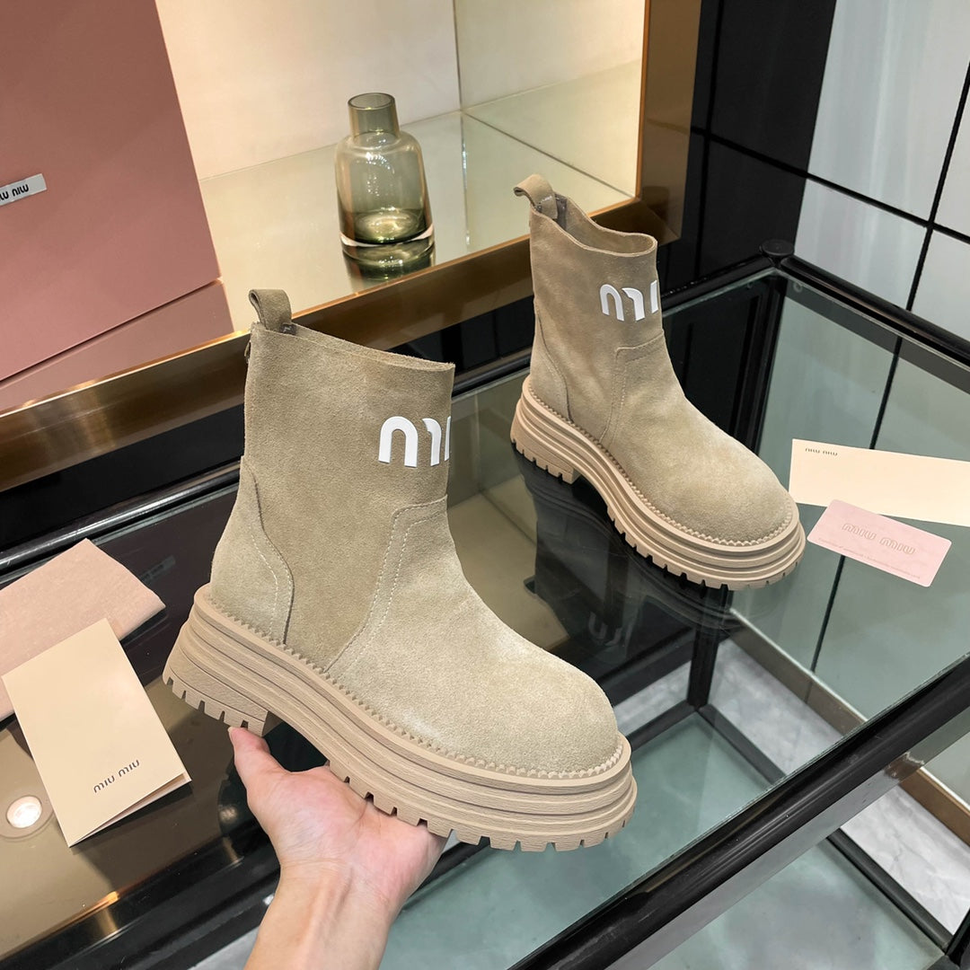 Miumiu 26s Logo Chunky Ankle Boots Beige Suede