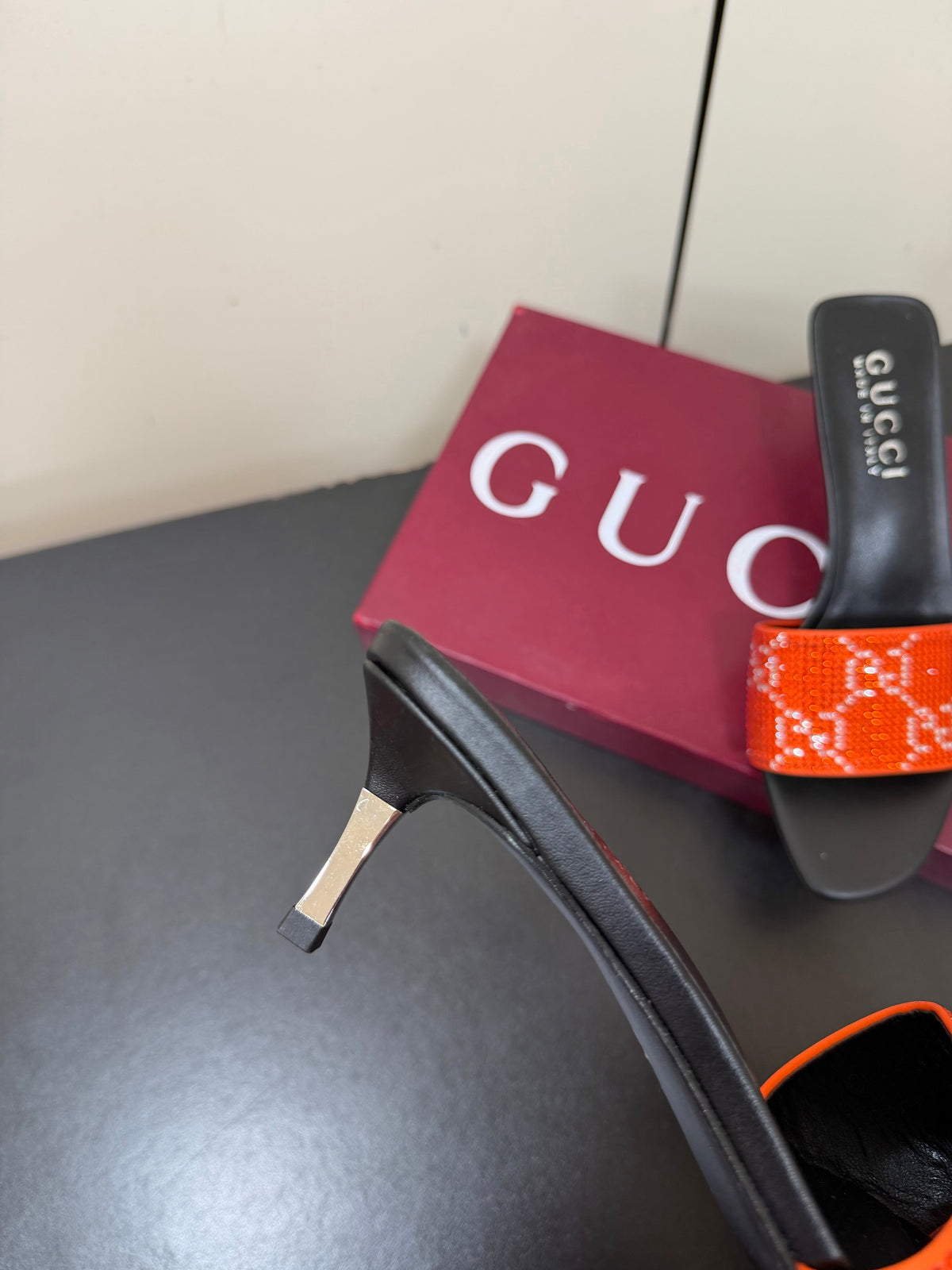 Gucci 26s Mule Sandals 5.5cm Orange Satin Crystal GG