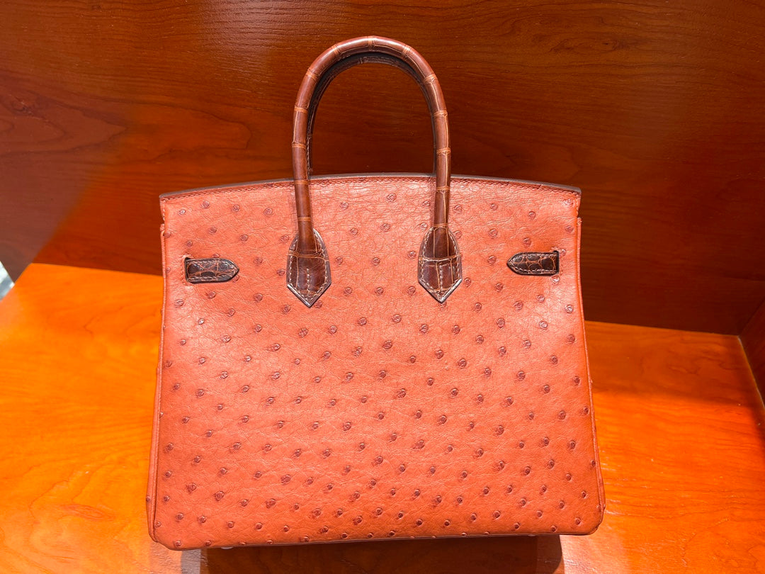 High-end Hermes 2026 Birkin 25cm Brick Red Crocodile/Ostrich Leather