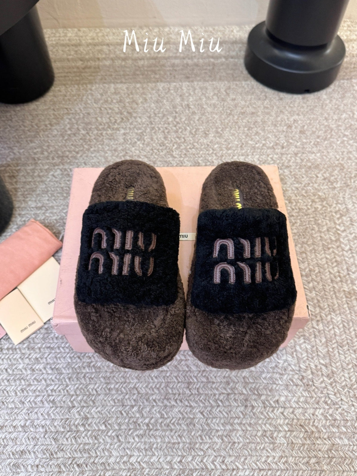 Miumiu 26s Platform Slides Dark Brown And Black Shearling