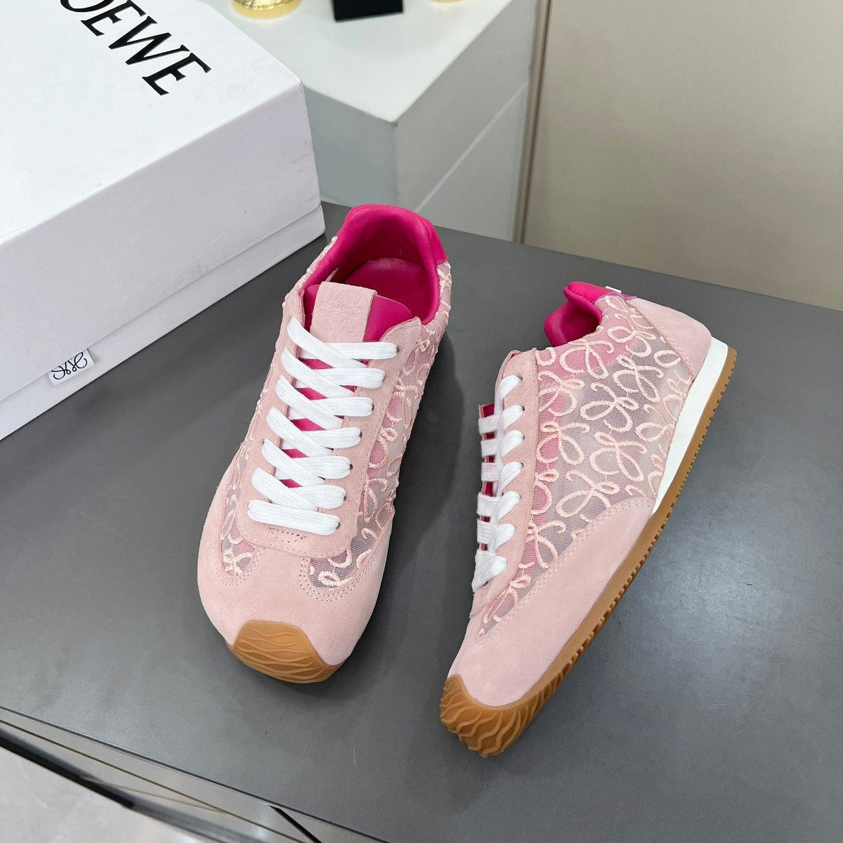Loewe 26S Runner 2.0 Sneakers in Light Pink Suede and Anagram Jacquard