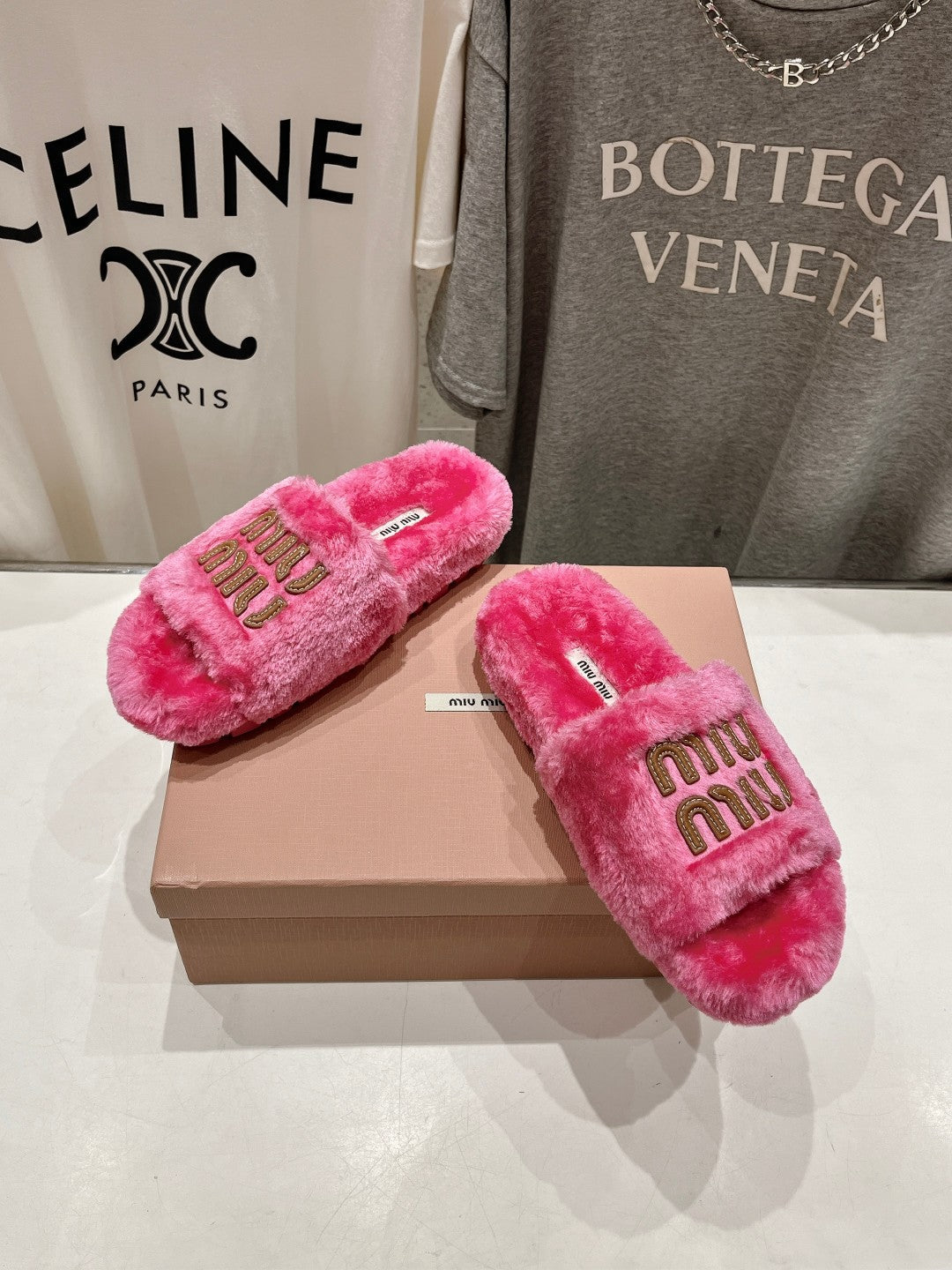Miumiu 26s Flat Slides Pink Shearling