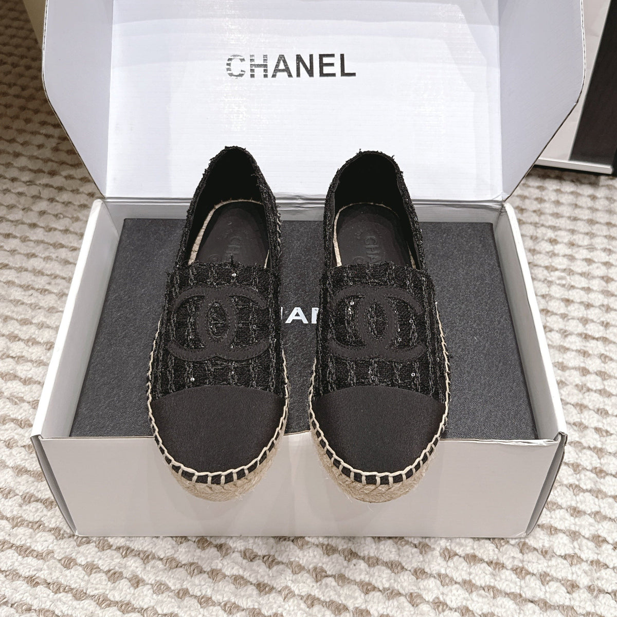 CC 26S Slip-Ons in Black Tweed and Patent Calfskin