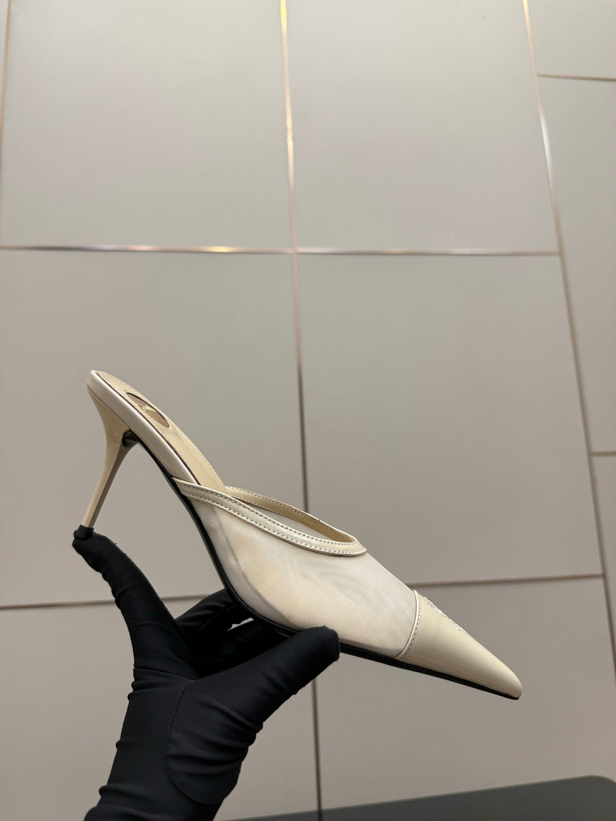 YSL 26s High-Heel Mules Beige Calfskin Mesh Fabric