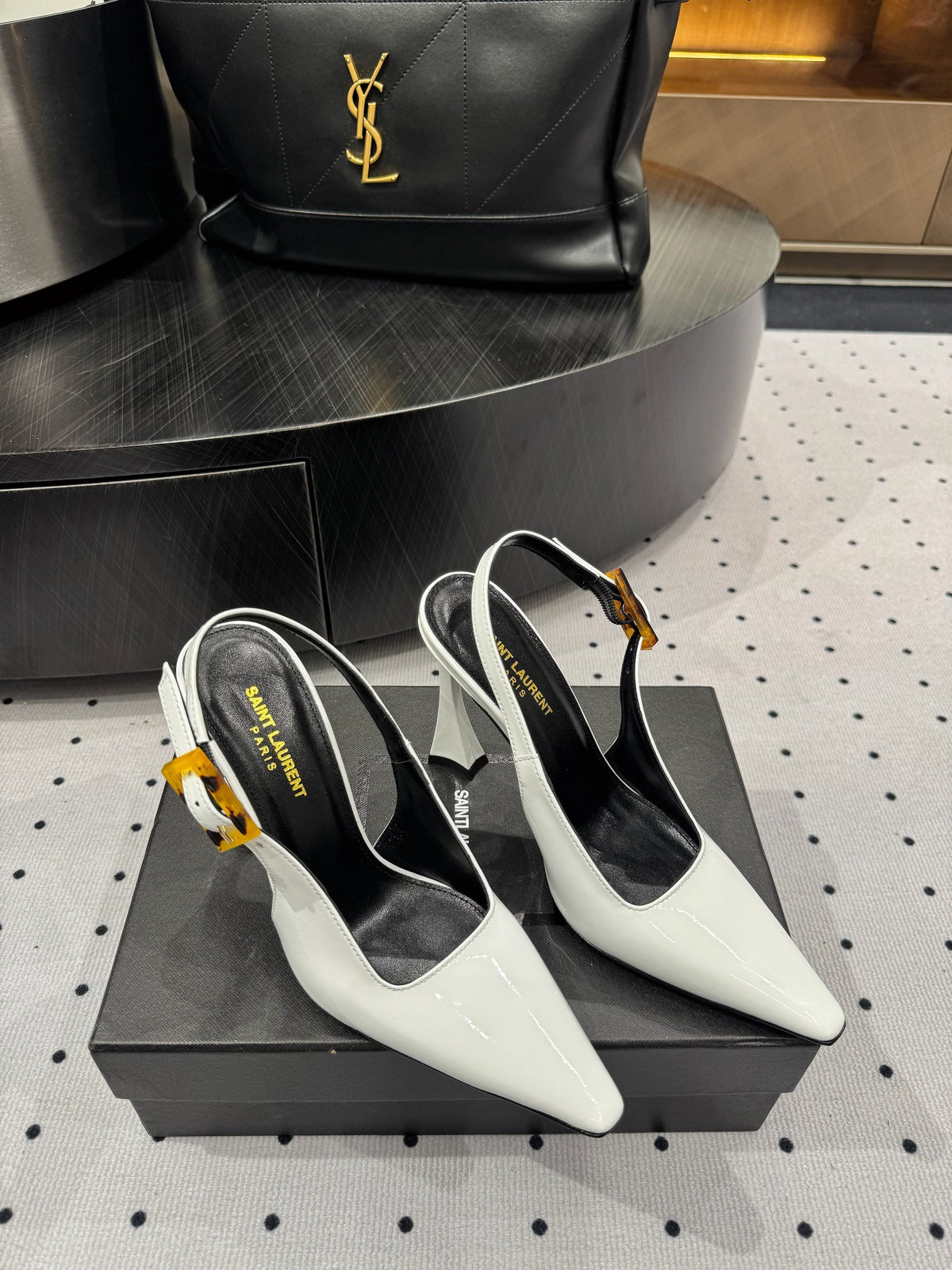 YSL 26s Slingback Heels 10.5cm White Glossy Calfskin With Buckle Closure