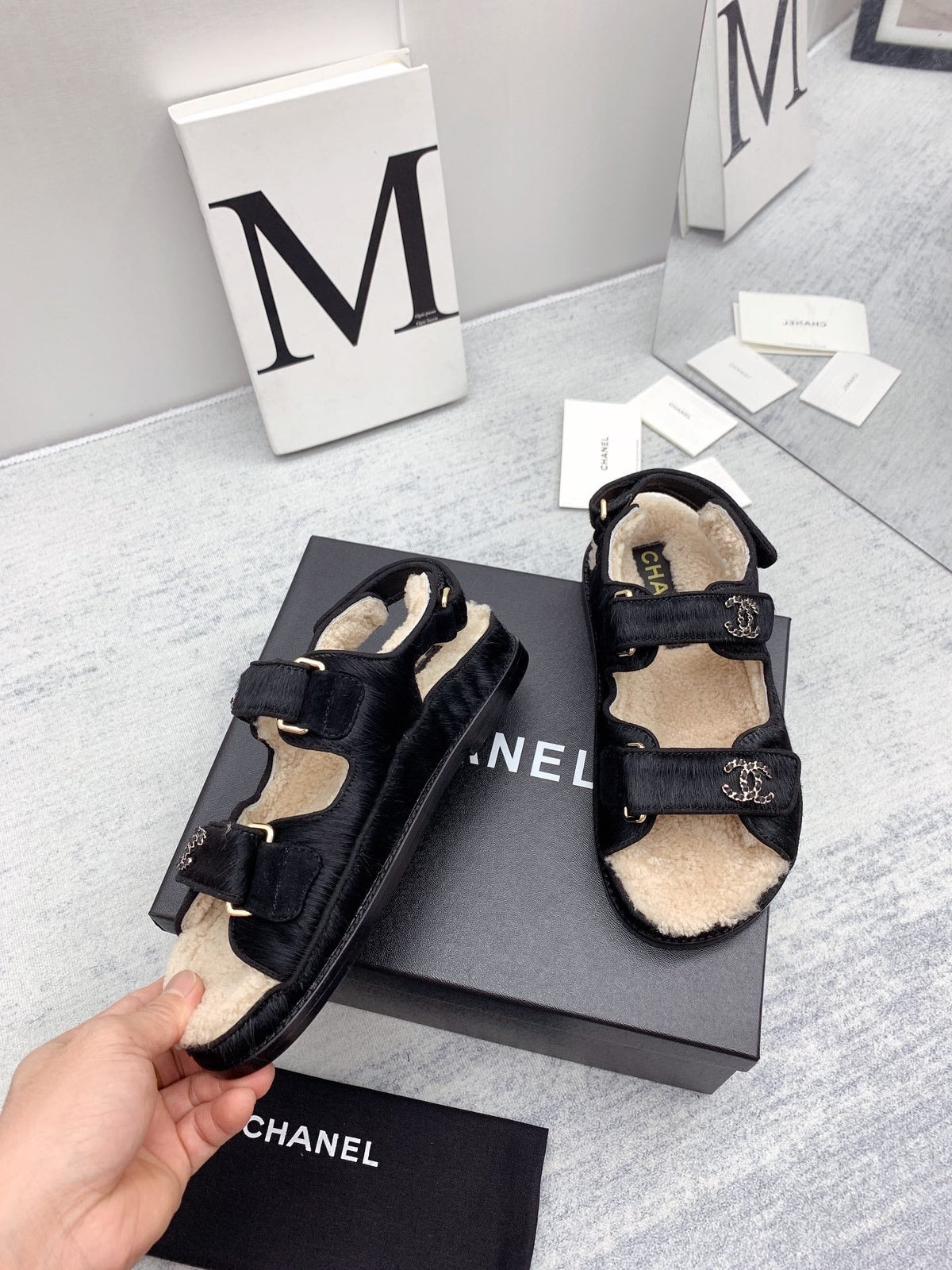 CC 26FW Shearling Sandals Triple Straps Pony Hair 161805
