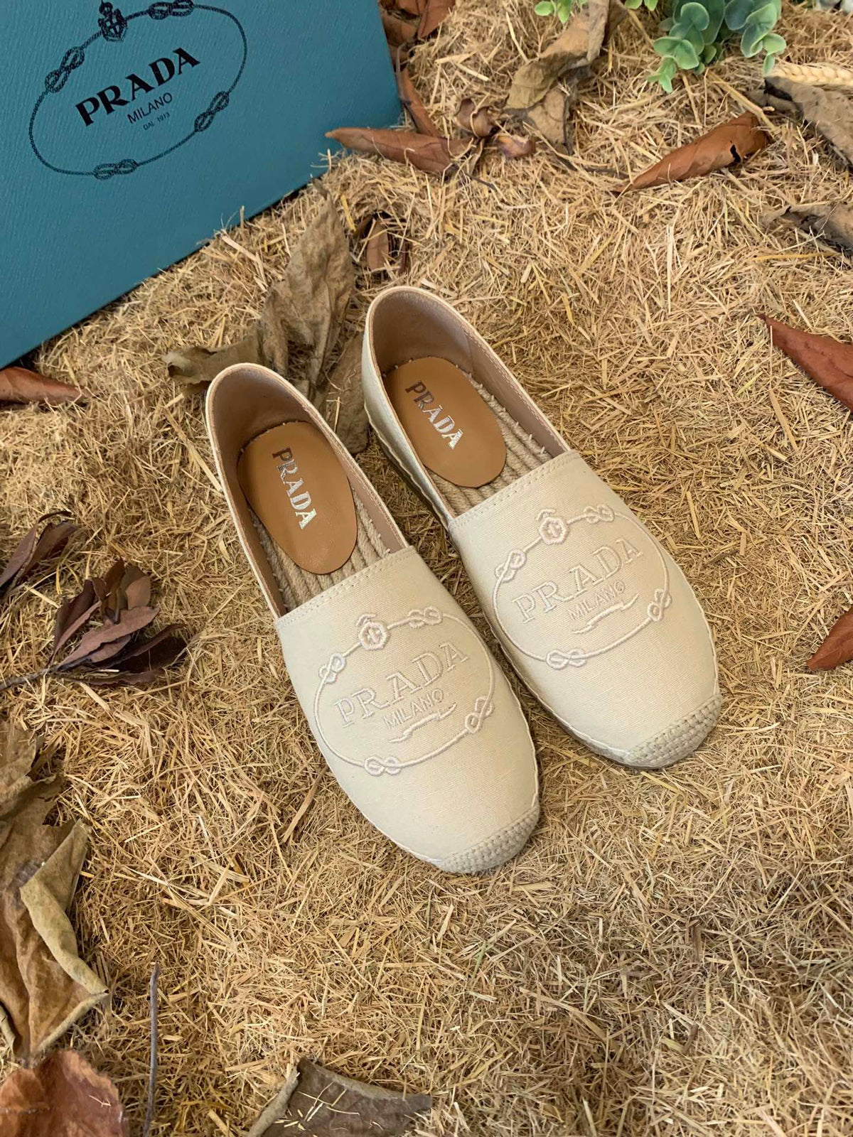 Prada 26s Espadrille Flats Light Beige Canvas Embroidered Logo