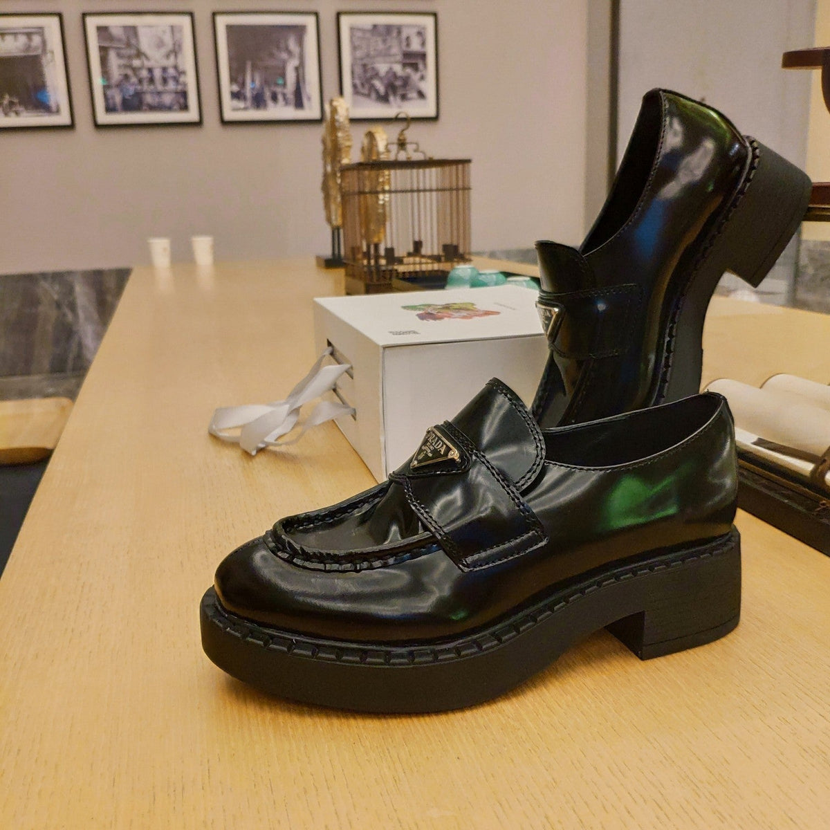 Prada 26S Penny Loafers 55mm Dark Green Patent Calfskin