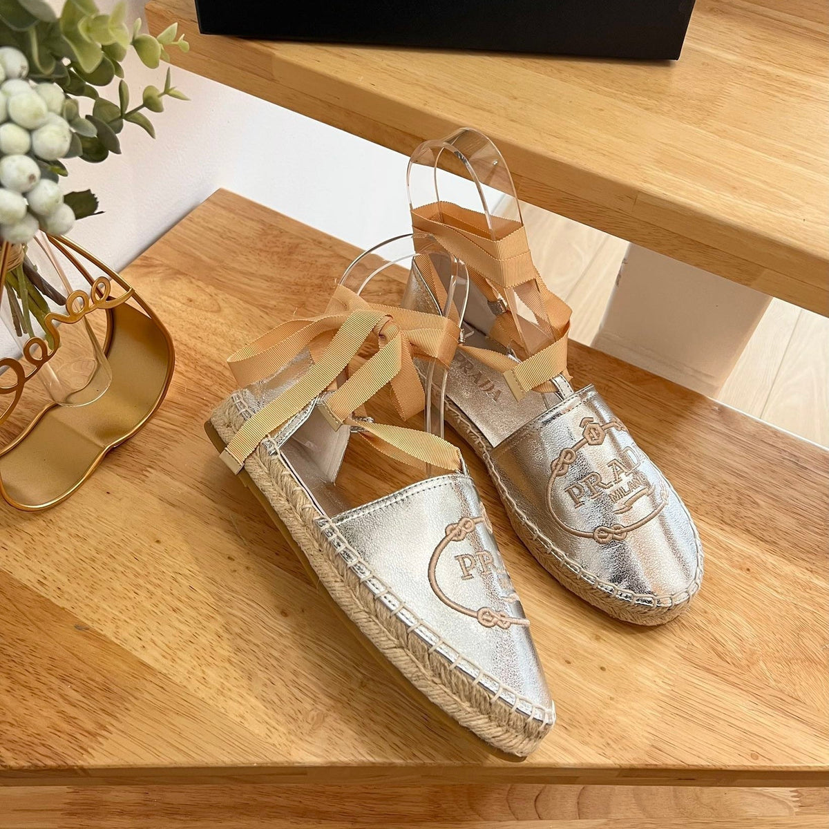 Prada 26s Lace Up Espadrille Flats Silver Calfskin