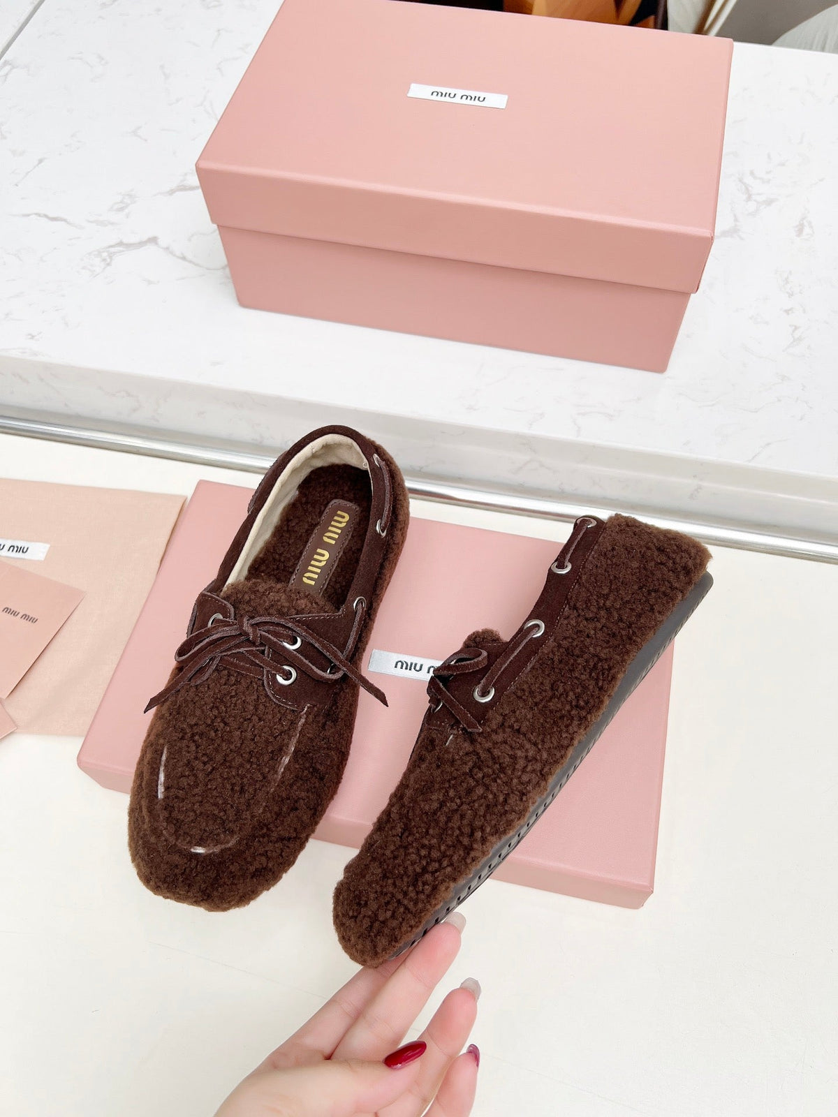 Miumiu 26s Boat Loafers Dark Brown Shearling
