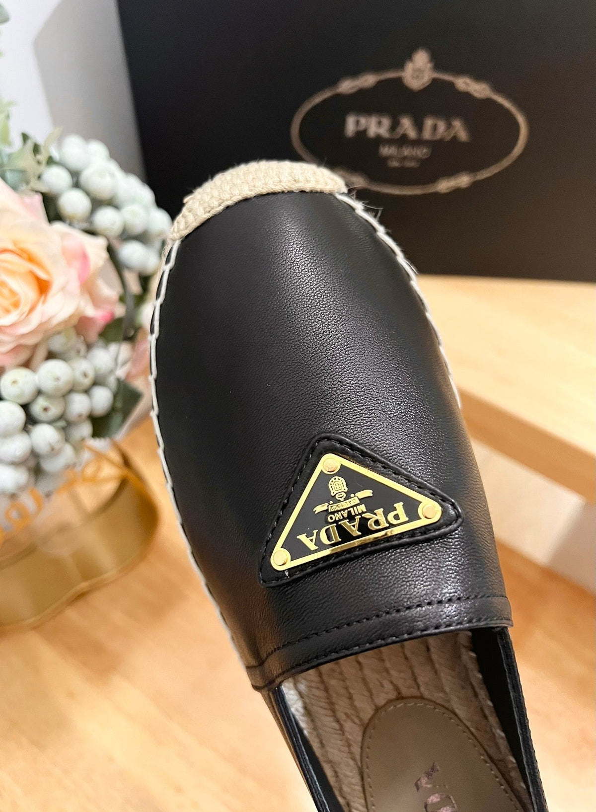 Prada 26s Logo Espadrille Slip On Flats Black Calfskin