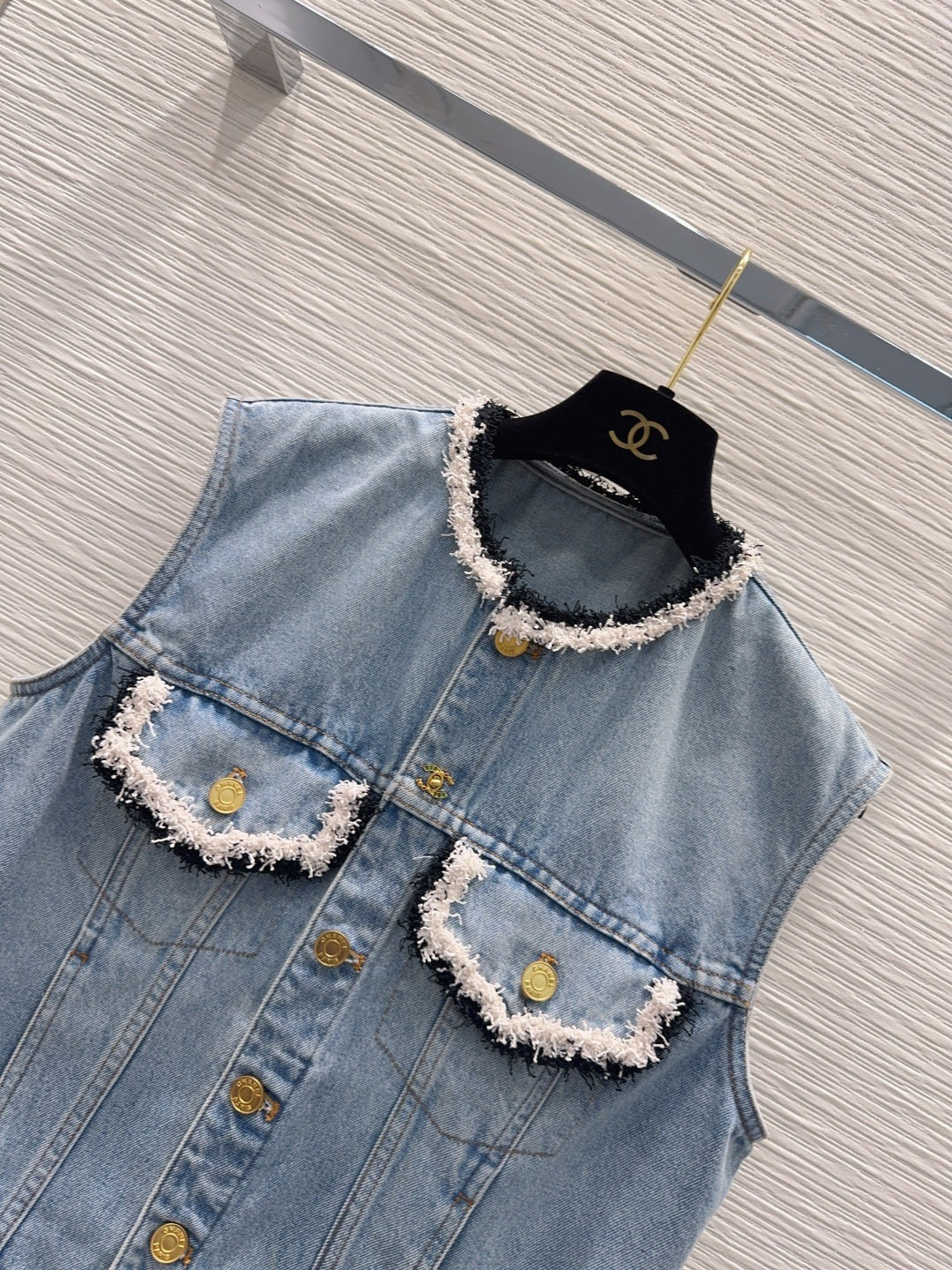 CC 26S Denim Vest Frayed Contrast Trim Gold Buttons Cotton 436527