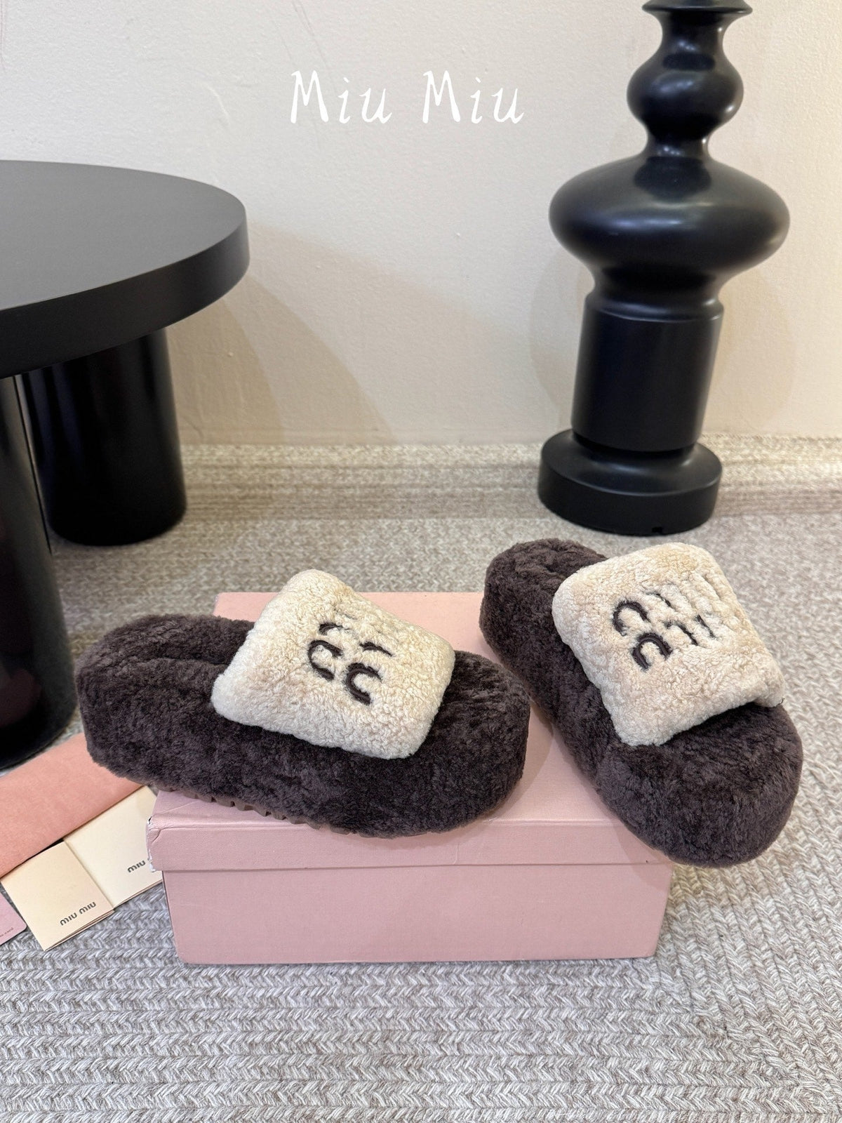 Miumiu 26s Platform Slides Dark Brown And Beige Shearling