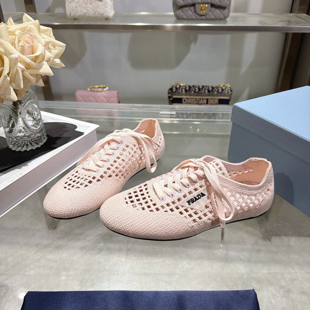 Prada 26s Lace Up Openwork Knit Sneakers Blush Pink Knit Fabric