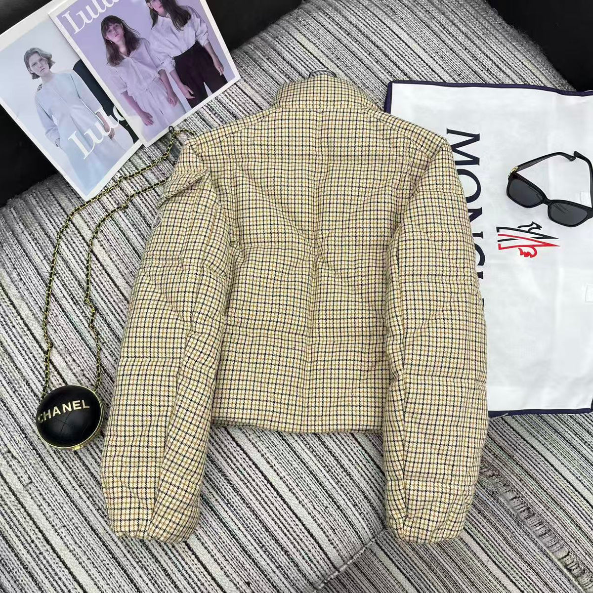 Moncler 2026 Keros Wool Blend Check Short Down Beige Jacket 260816