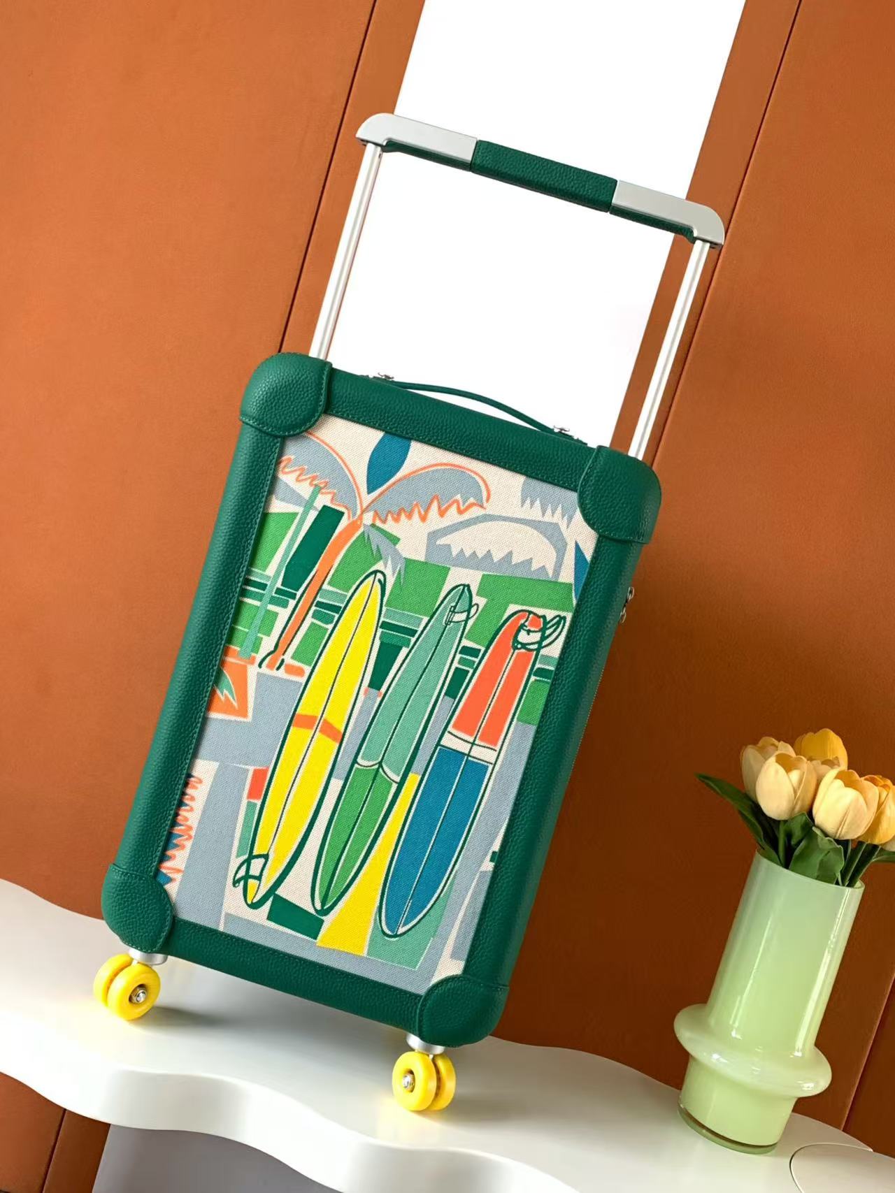 HM R.M.S Cabin Suitcase Printed Surfer Green Canvas & Taurillon Regate Leather