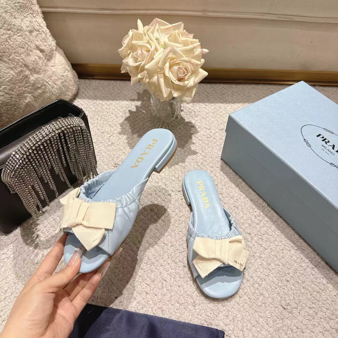 Prada 26s Ruched Bow Slide Sandals Light Blue Calfskin