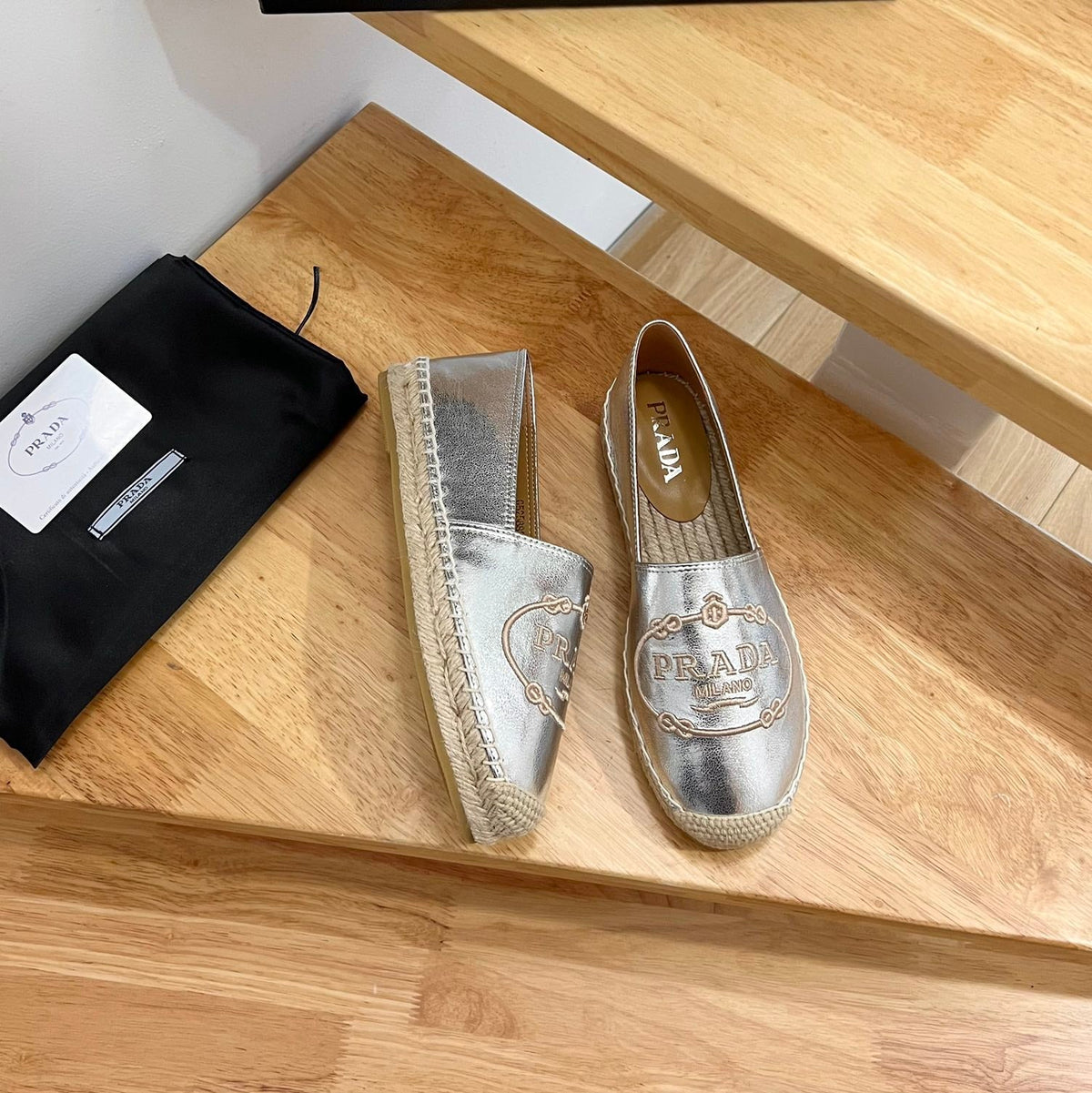 Prada 26s Embroidered Logo Espadrille Flats Gold Calfskin