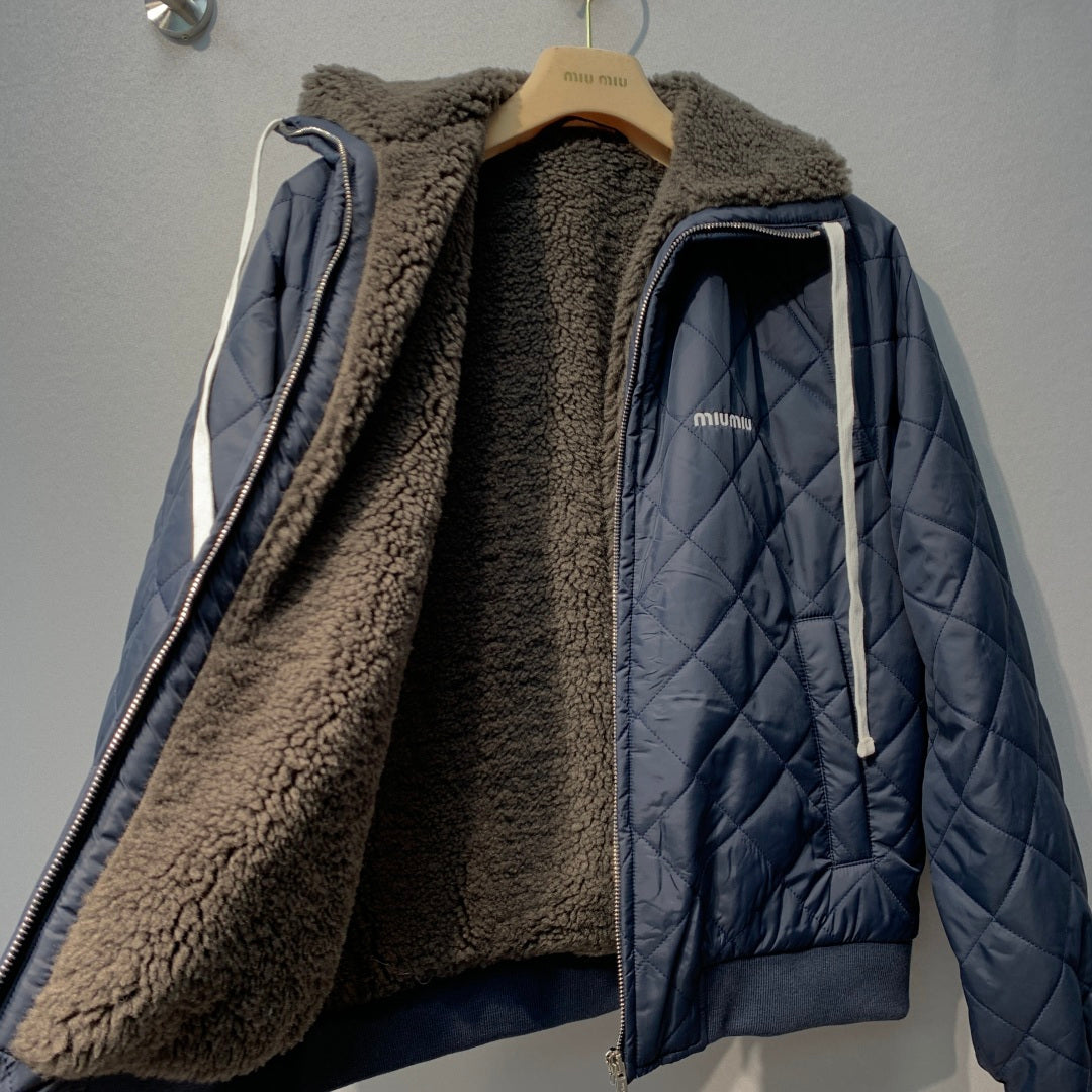 Miumiu 2026 Quilted Down Jacket Navy Blue Pongé Fabric 421170