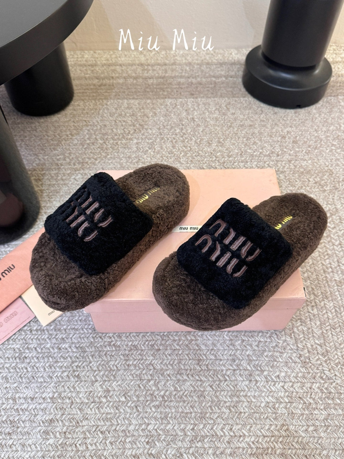 Miumiu 26s Platform Slides Dark Brown And Black Shearling
