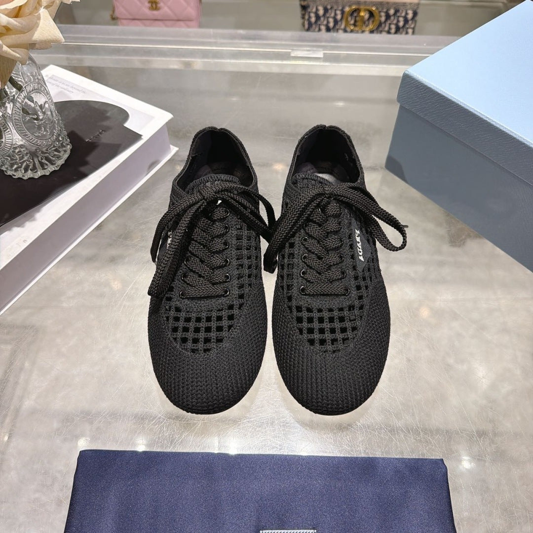 Prada 26s Lace Up Openwork Knit Sneakers Black Knit Fabric
