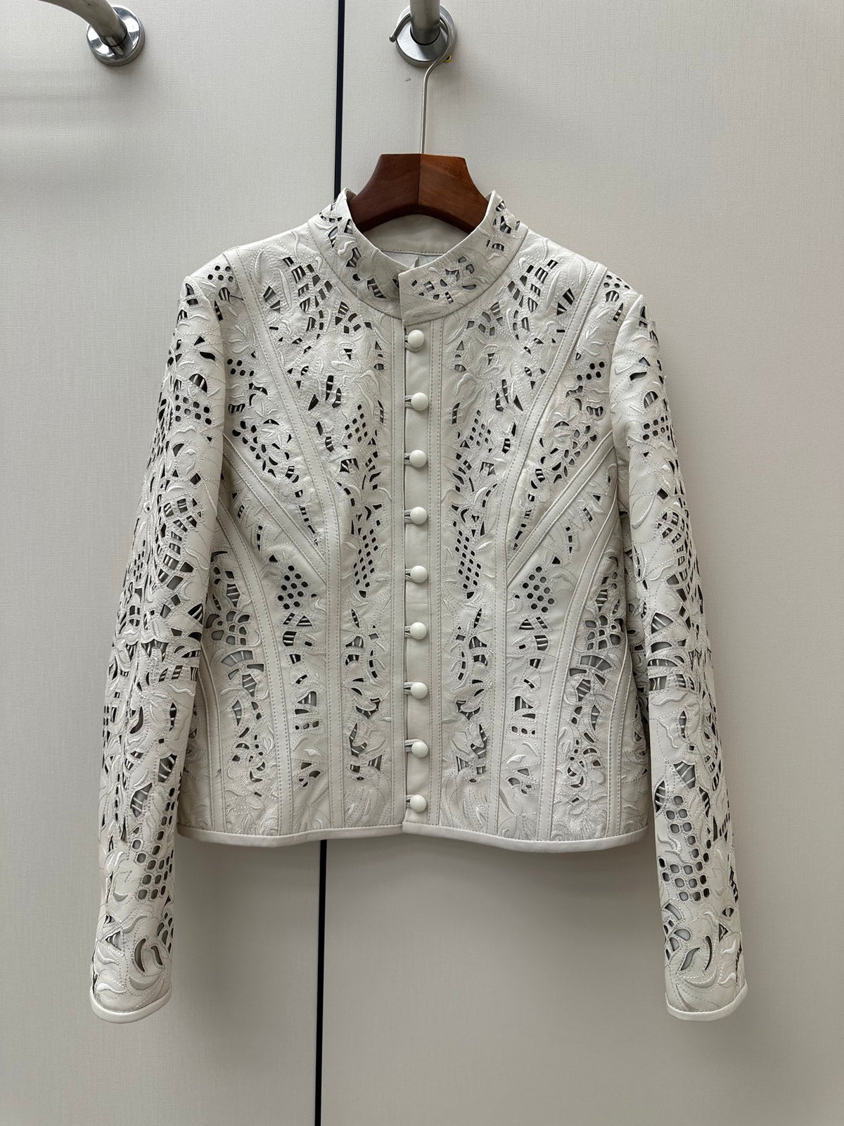 HM 26S Laser-Cut Lace Pattern Jacket Mock Collar Round Buttons Leather 435206