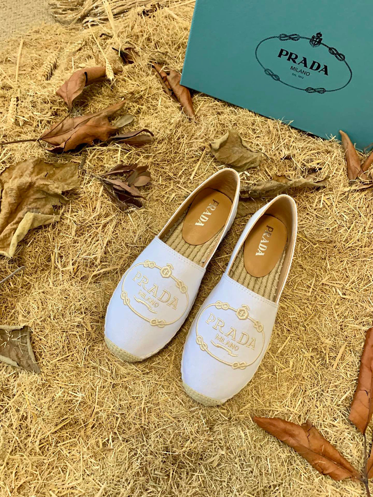 Prada 26s Espadrille Flats White Canvas Embroidered Logo