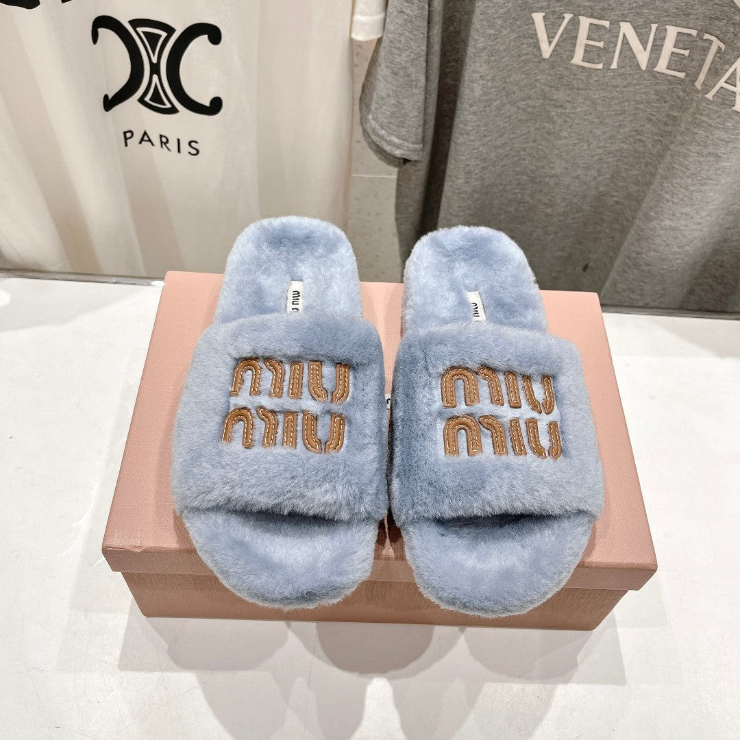 Miumiu 26s Flat Slides Pastel Blue Shearling