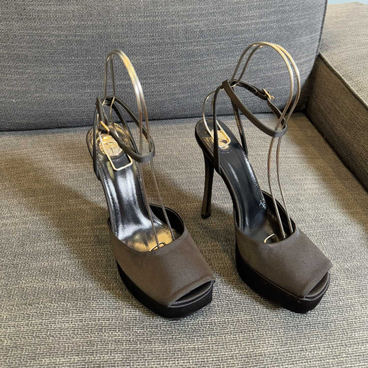 YSL 26S Platform Sandals 150 Mm Taupe And Black Satin
