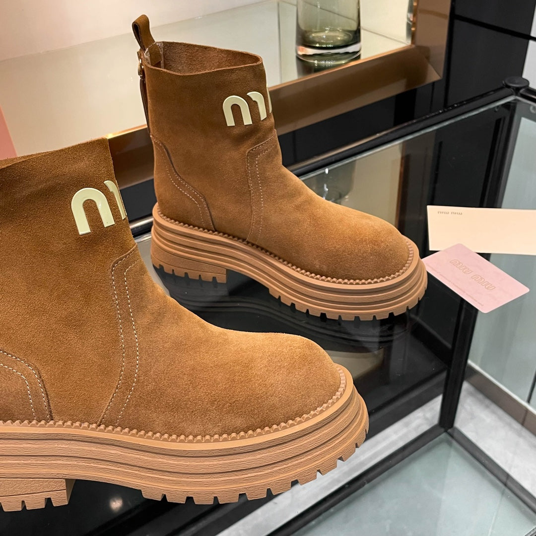 Miumiu 26s Logo Chunky Ankle Boots Camel Brown Suede
