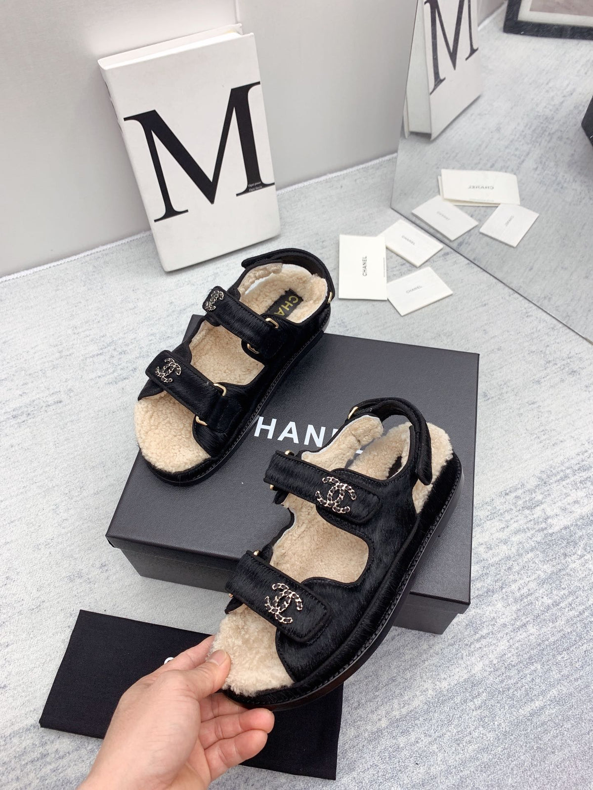 CC 26FW Shearling Sandals Triple Straps Pony Hair 161805
