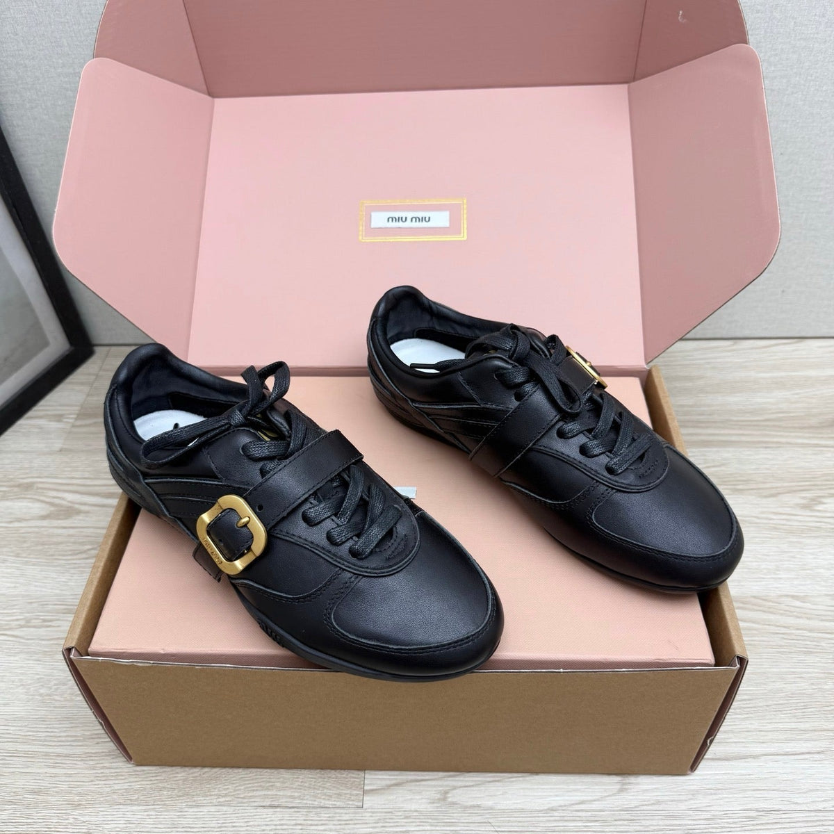 Miumiu 26s Buckle Sneakers Black Calfskin With Gold Hardware