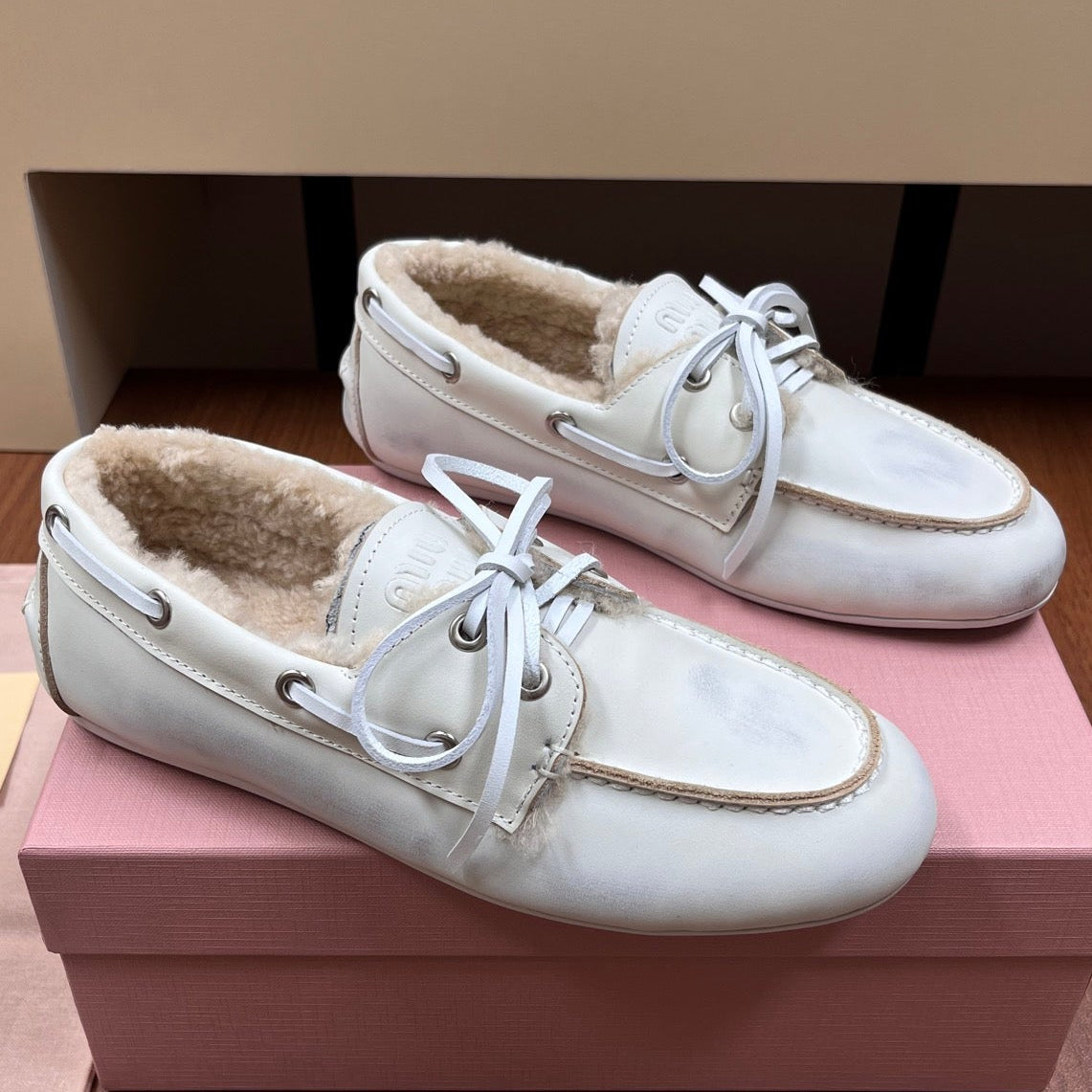 Miu Miu 2026 Boat Loafers Leather Suede Wool 157103