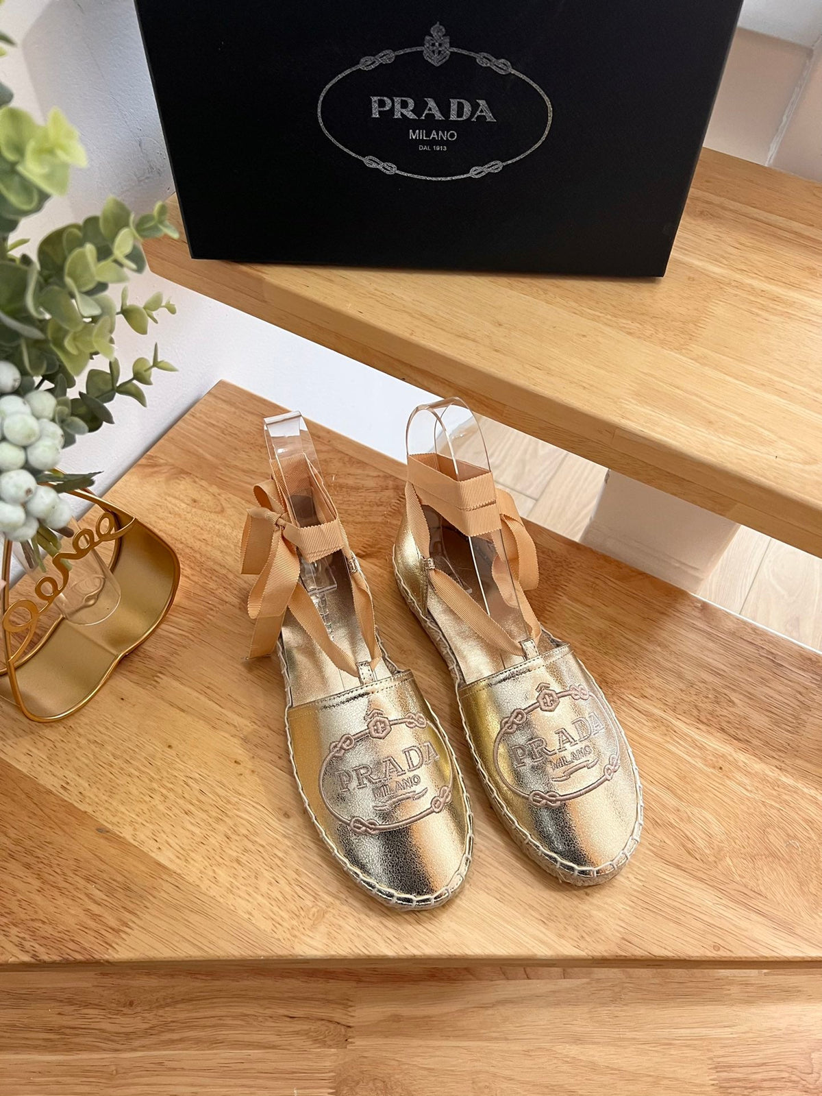 Prada 26s Lace Up Espadrille Flats Gold Calfskin