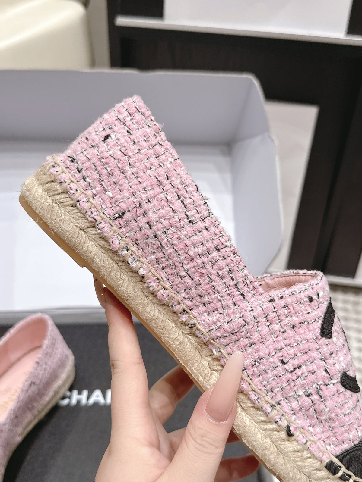 CC 26S Slip-Ons in Pink Mix Black Tweed and Patent Calfskin