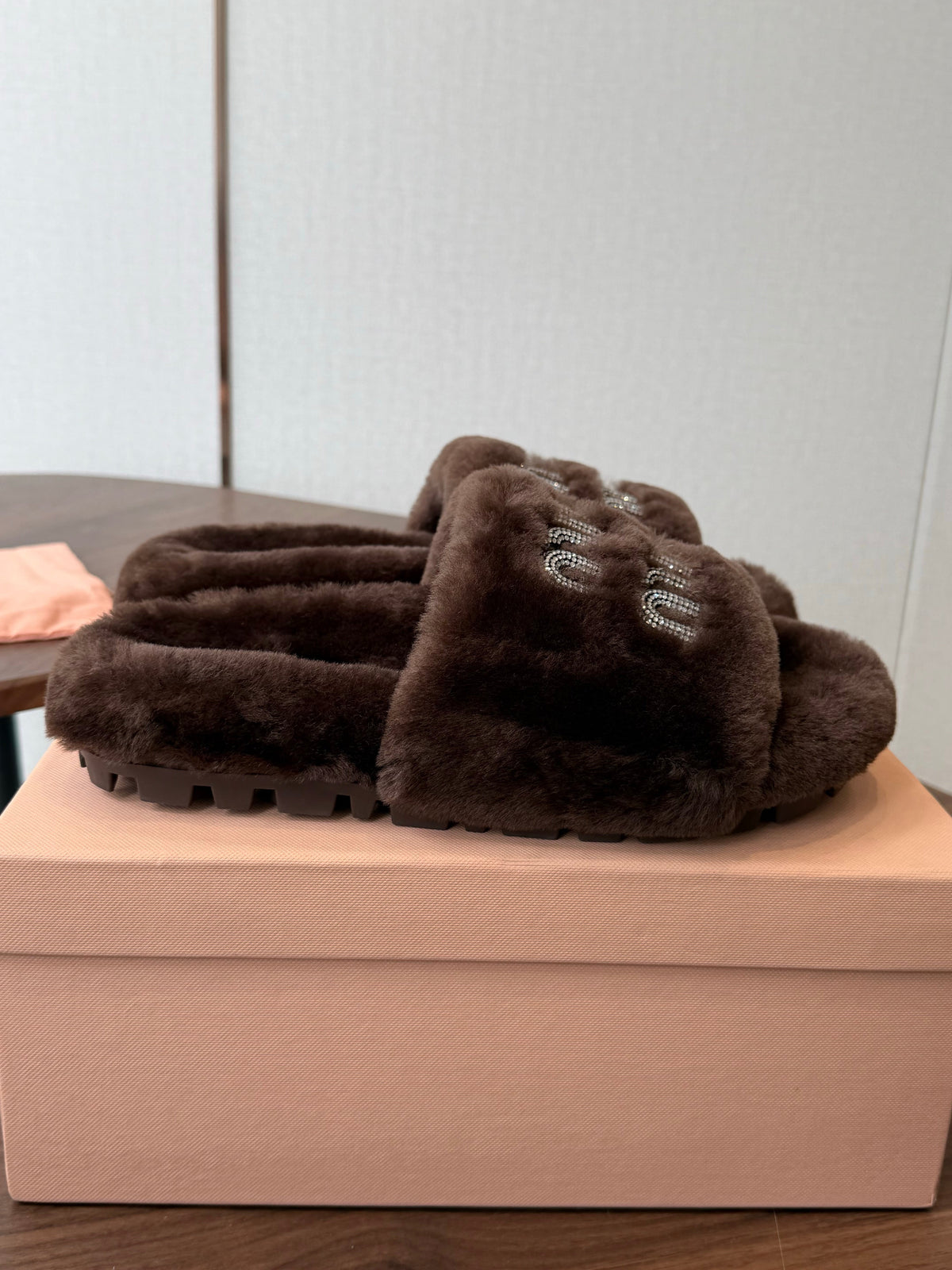 Miumiu 26s Crystal Logo Slides Dark Brown Shearling